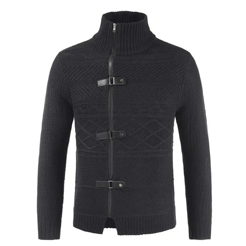 New Knitted Coatdigan Leather Button Neck Long Sleeve Cardigan Men Sweaters