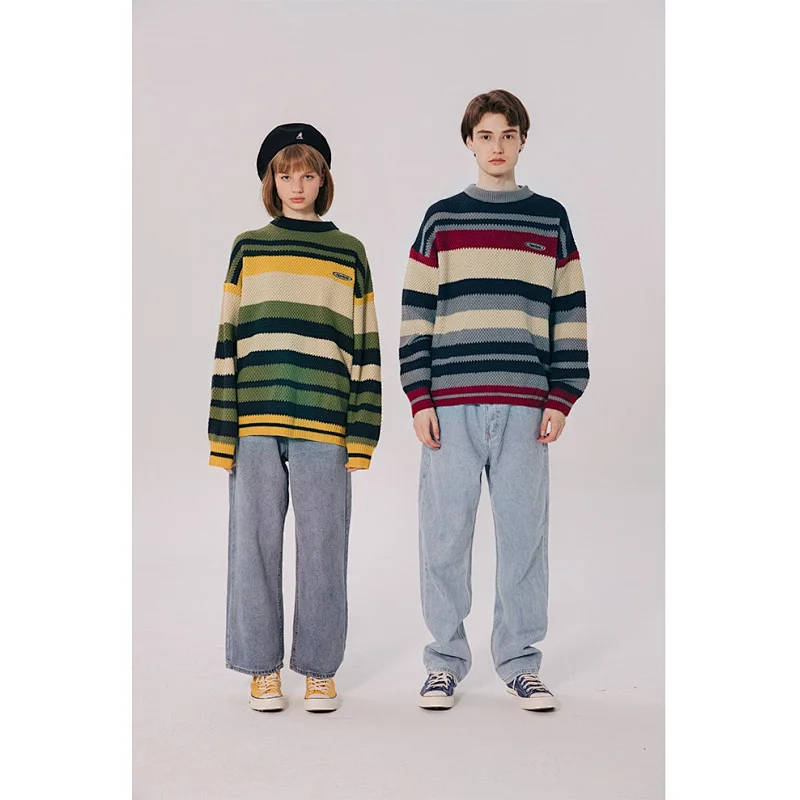 Wholesale high quality fall pullover knitted acrylic sweaters men stripe long sleeve knit sweater
