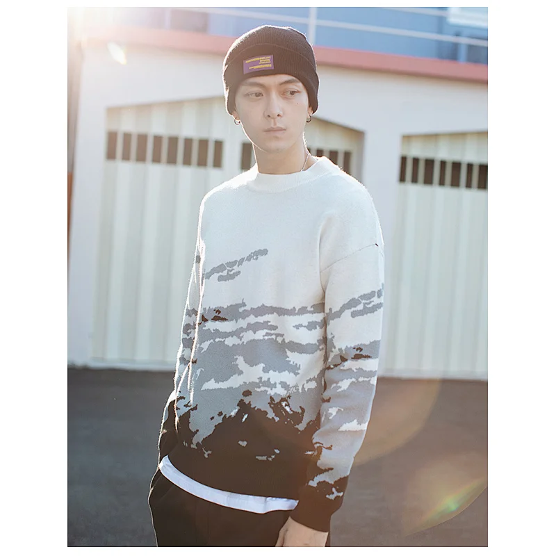 Mens  white crop sweaters crew neck pullover knitwear long sleeve custom knit men sweater