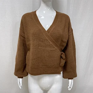 Winter lace-up solid color women's knitted sweater