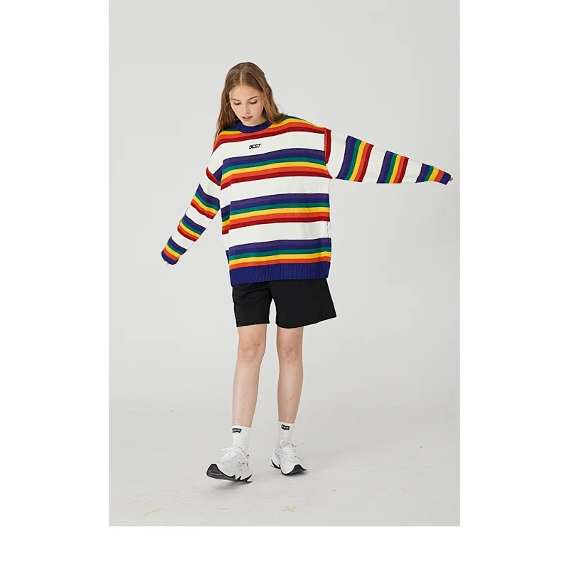 Women and men pullover jacquard sweater crew neck embroidery logo rainbow couple sweaters