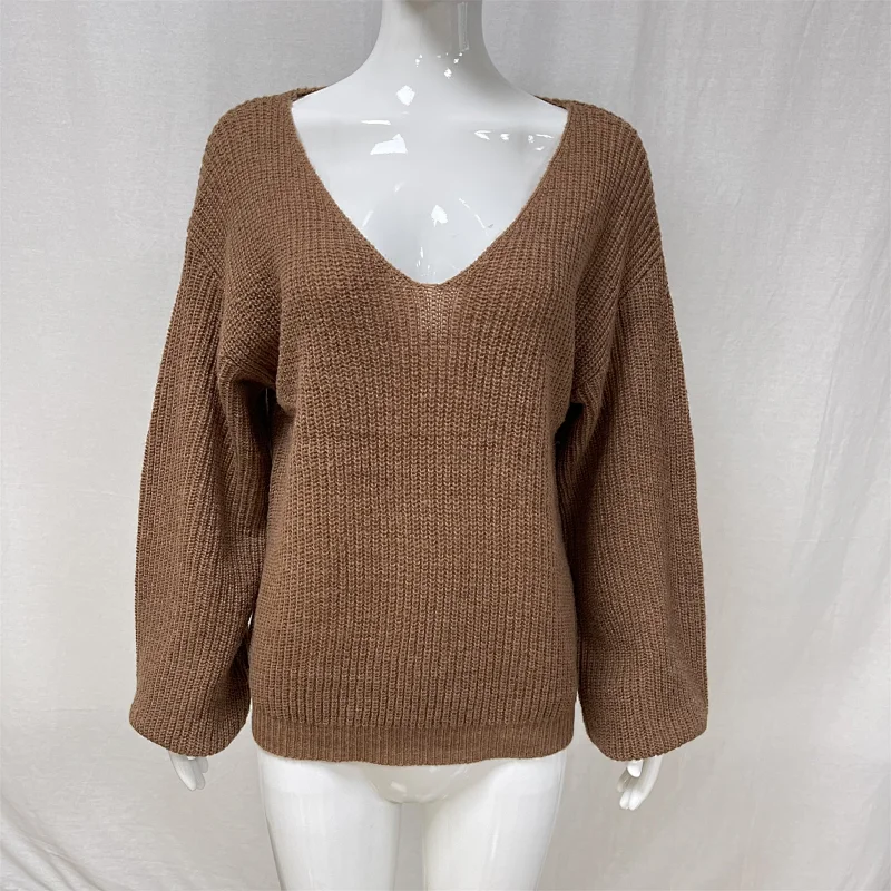Sexy Women's V-neck Fall/Winter Loose Large Size Knitted Sweater