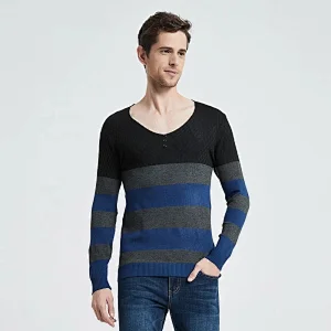 Men Casual Pullover Striped Button V-Neck Knitwear Shirt jumper Winter Cotton Men Jersey basic Sweater