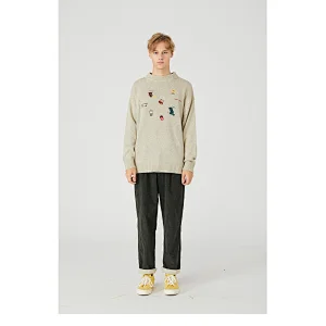 Korean couple clothes men autumn knitted pullover sweater custom loose embordered knit acrylic sweater