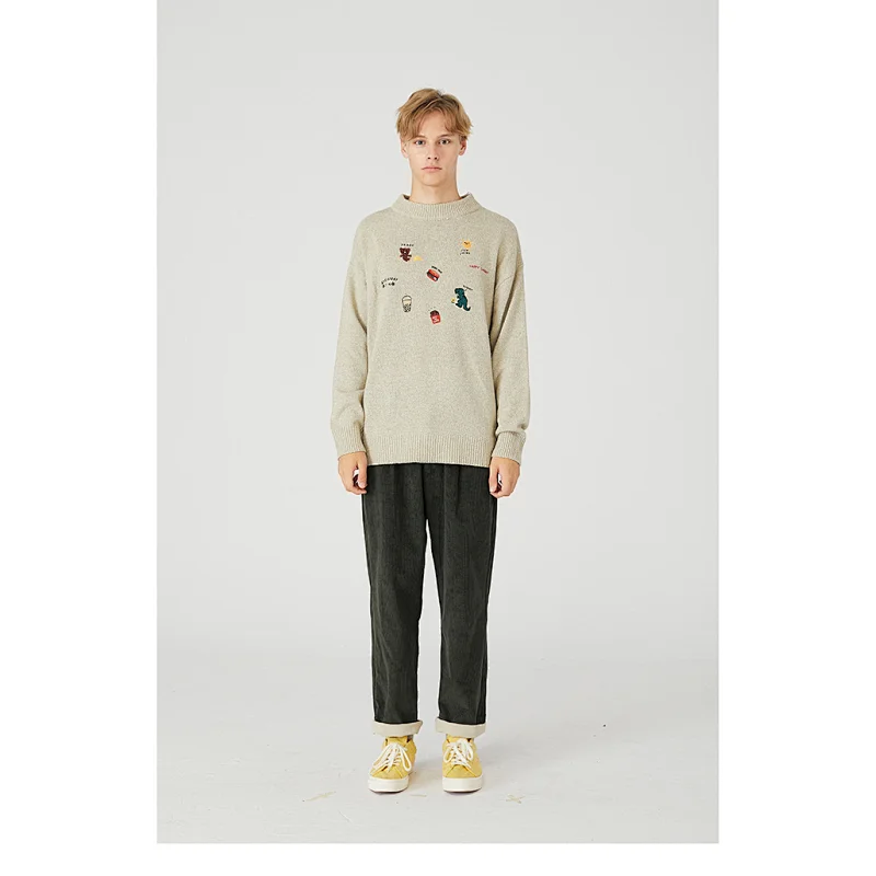 Korean couple clothes men autumn knitted pullover sweater custom loose embordered knit acrylic sweater