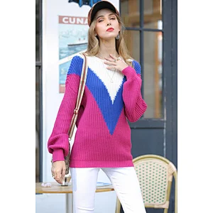 Women contrast round neck knitwear mid-length clothing top long-sleeved sweater