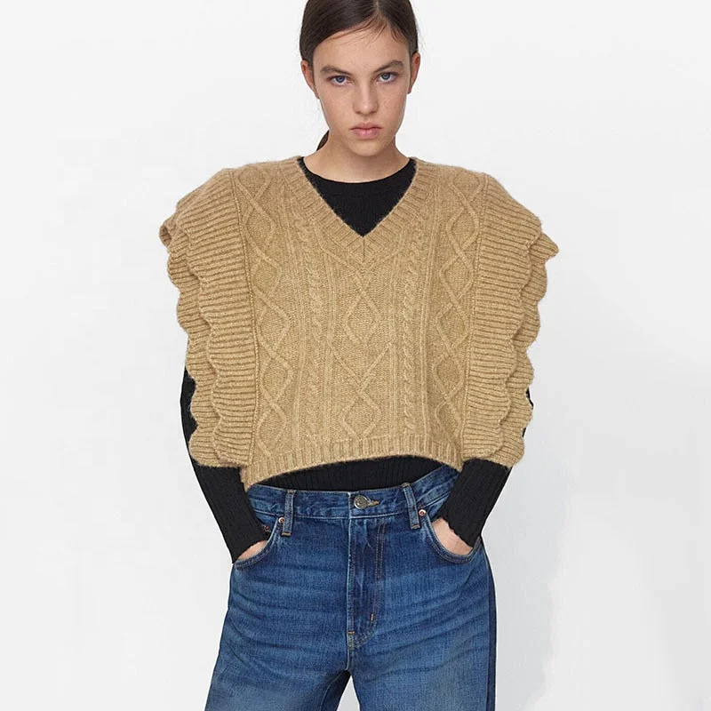 Ruffle Trims Armhole Cable custom plaid v neck argyle sweater vest women crop knitted oversize sweater vest