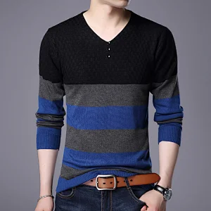 Men Casual Pullover Striped Button V-Neck Knitwear Shirt jumper Winter Cotton Men Jersey basic Sweater