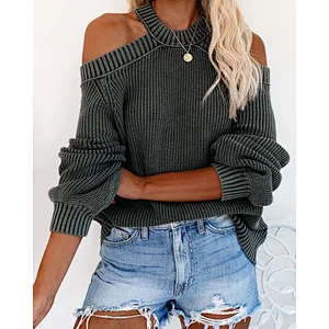 Women sexy off-shoulder solid color loose knit fashion casual sweater