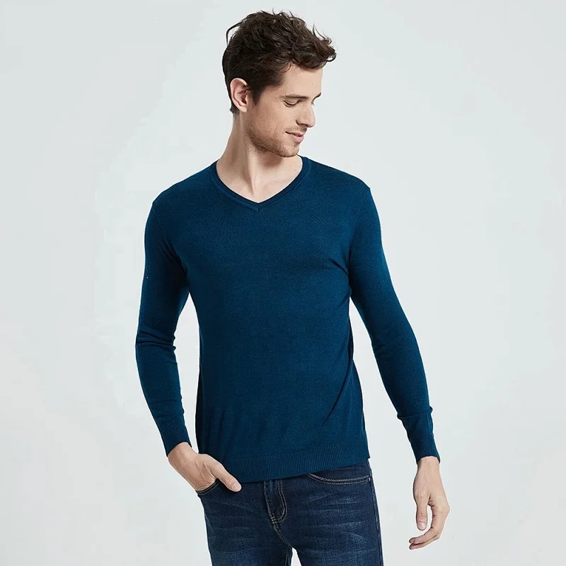 Men Spring Autumn V Neck Knitwear Sweater Soft Cotton Wool Mens Pullover Pure Color men basic Sweaters