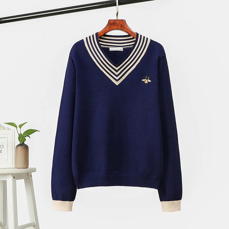 V-neck embroidery pullover long sleeve loose newprep fashion oversized sweaters