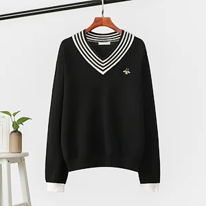 V-neck embroidery pullover long sleeve loose newprep fashion oversized sweaters