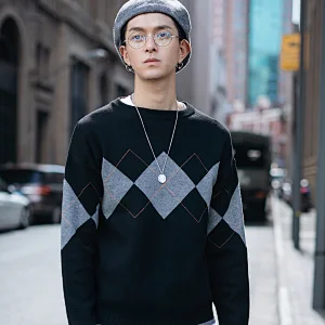 Men sweater custom logo knit long sleeve diamond pattern jumper knitted casual pullover men sweaters