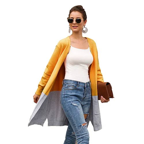 Color Blocking long cardigan casual clothes women sweater