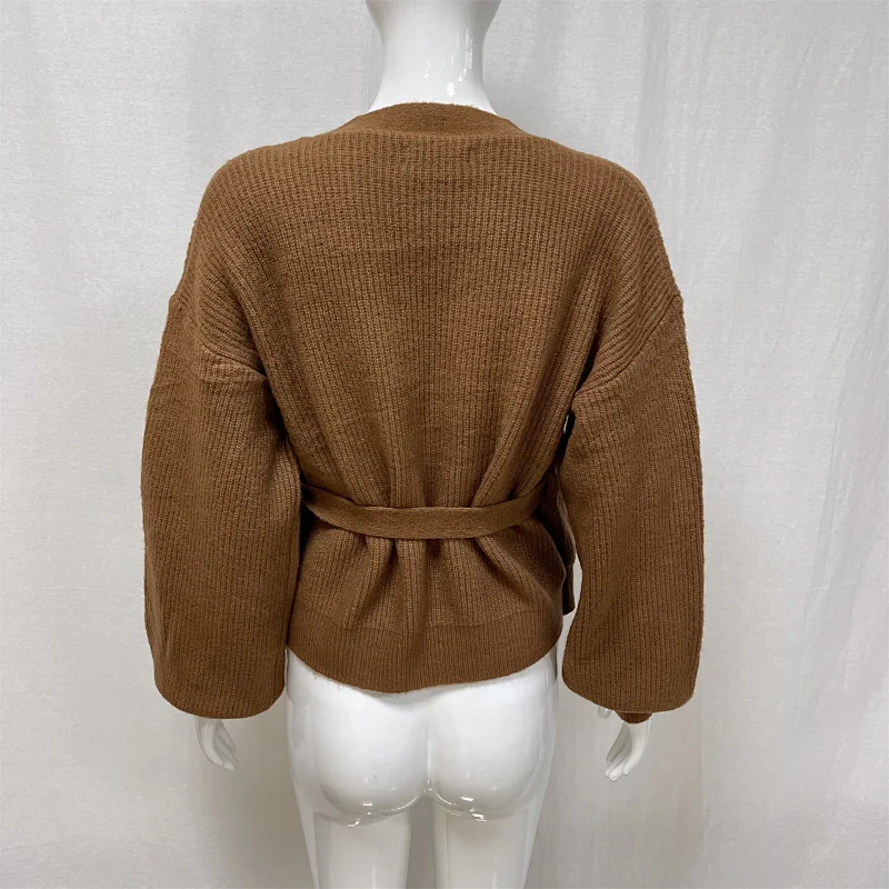 Winter lace-up solid color women's knitted sweater