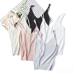 Women's V-neck solid color knitted vest suspender slim summer thin vest sweater for women
