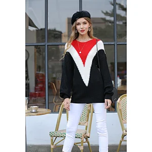 Women contrast round neck knitwear mid-length clothing top long-sleeved sweater