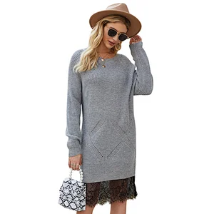 Autumn lace dress round neck knitwear loose solid color long sweater dress