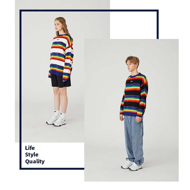 Women and men pullover jacquard sweater crew neck embroidery logo rainbow couple sweaters