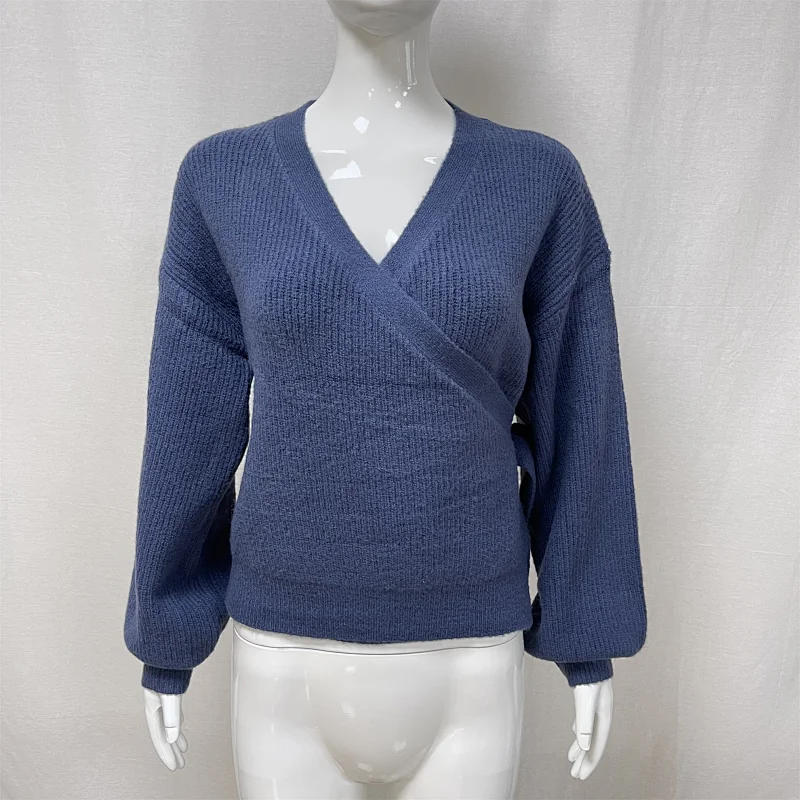 Winter lace-up solid color women's knitted sweater