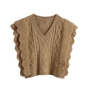 Ruffle Trims Armhole Cable custom plaid v neck argyle sweater vest women crop knitted oversize sweater vest