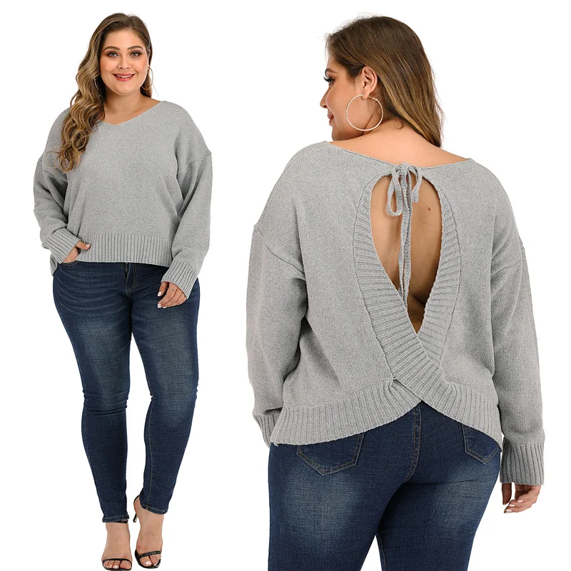 Plus size women personality strappy sexy backless V-neck thick pullover sweaters