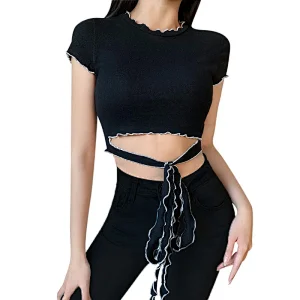 Hot Sale Personality Fashion Round Neck Tie Waist Tops Summer Clothing Knitted Short Sleeve Clothes Tomen Tassel T-shirt