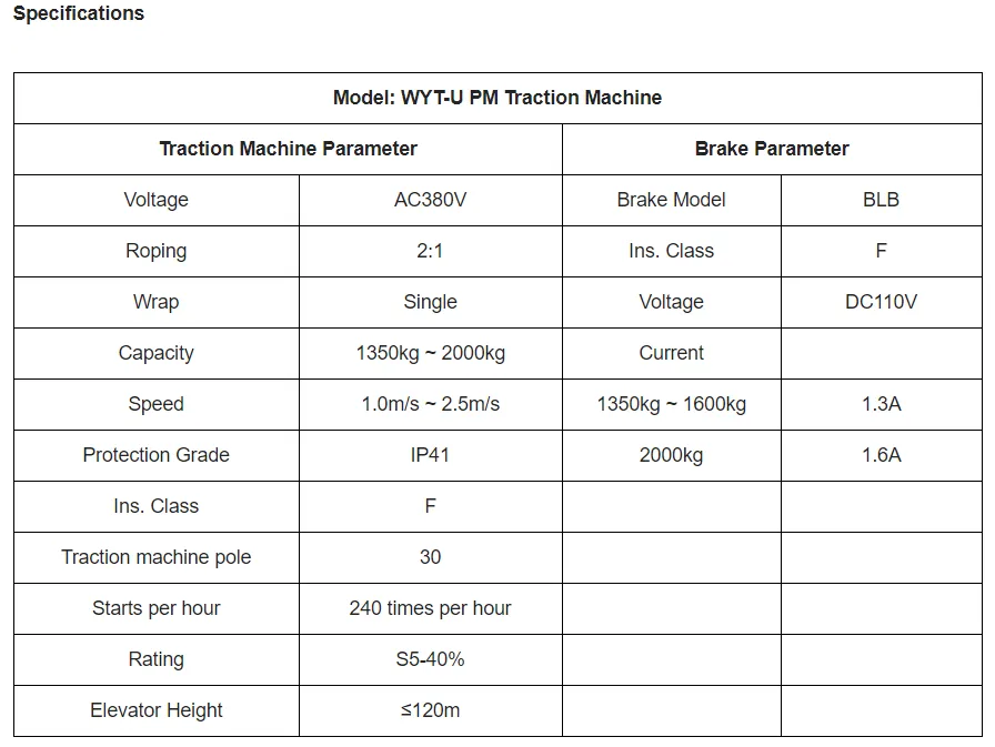 elevator traction machine WYT-U PM specification