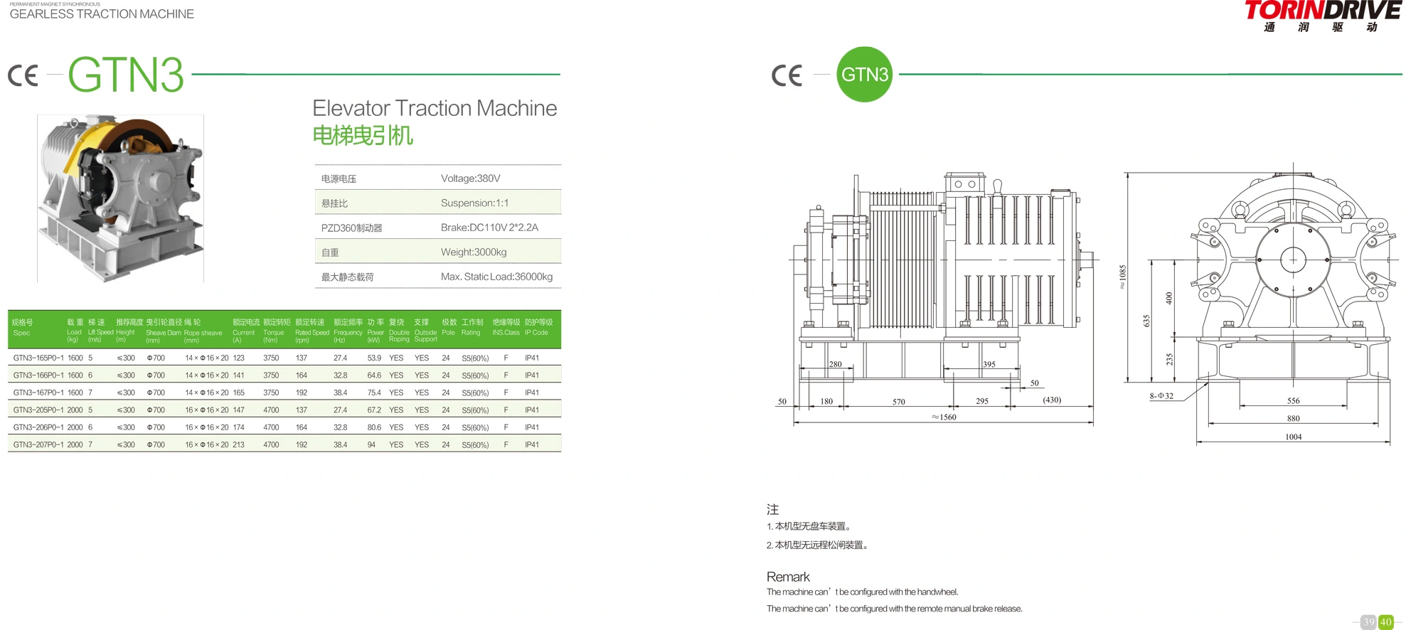 TORINDRIVE Elevator Gearless Traction Machine GTN3 SPECIFICATION
