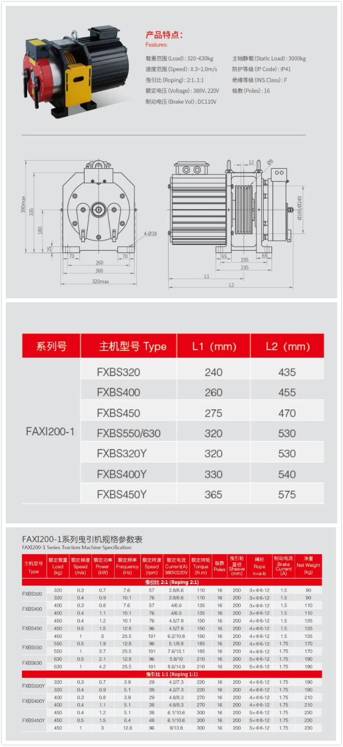 SHANGHAI FAXI GEARLESS STEEL WIRE ROPE ELEVATOR TRACTION MACHINE FAXI200-1 SPECIFICATION