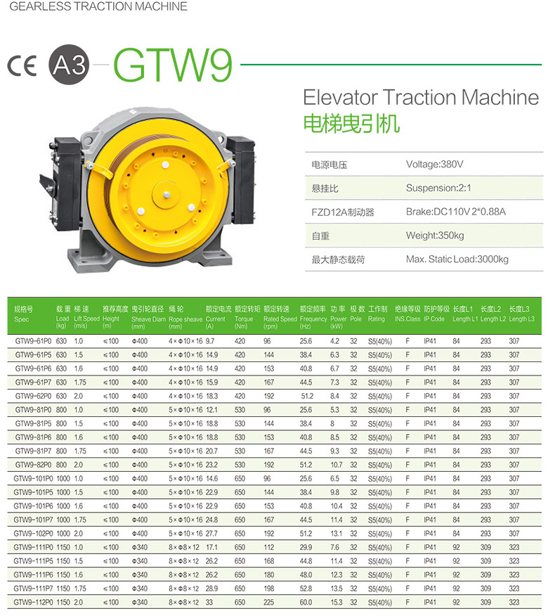 GTW9 GEARLESS ELEVATOR TRACTION MACHINE SPECIFICATION