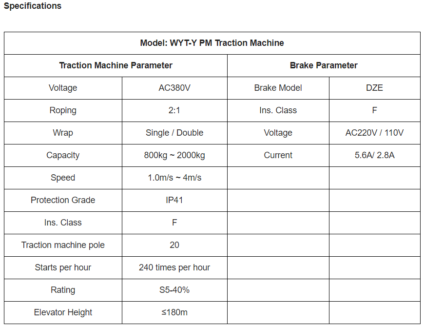 Bluelight WYT- Y PM Traction Machine Specifications