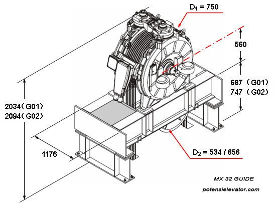 kone traction machine MX32 with direction wheel installation drawing