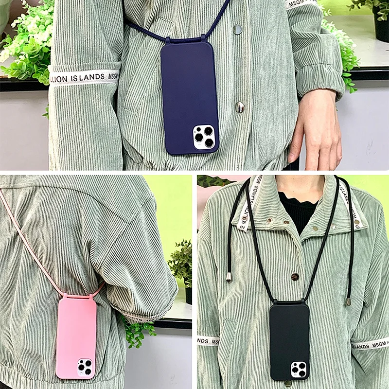 Silicon detachable necklace cellphone case wallet with strap crossbody for iphone 11 12 luxury phone cases with strap chain rope