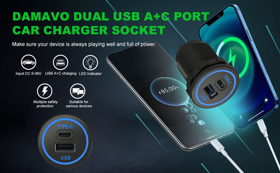 USB C fast charger, USB C socket 12V, USB and USB C car charger manufacturer-DAMAVO