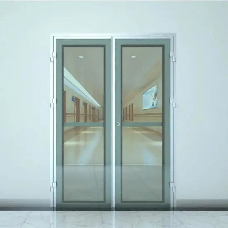 Cleanroom level Durable Aluminum Frame Tempered Glass Floor Spring Hospital Door With SS Handle