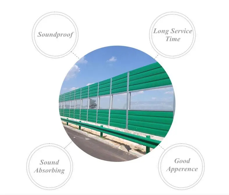 Specifications: Specification of Sound Barriers SizeHeight(mm)2000, 2500, 3000, 3500, 4000 Post distance(mm)1000, 2000, 2500, 3000 Acoustical boardMaterialGalvanized steel sheet, aluminum sheet PC board, acrylic board Hole typeLouver hole, Microporous Size(mm)500 x 2000 x 80, 500 x 2000 x 100, 500 x 1200 x 120 Surface treatmentElectrostatic spraying ColorGreen, blue, white, gray Sound absorbing materialGlass wool24kg/m3, 30kg/m3, 48kg/m3 Package of glass woolGlass fibre cloth, PET waterproof and high temperature resistant film H postSize(mm)100 x 100 x 6 x 8, 125 x 125 x 6.5 x 9, 150 x 150 x 7 x 10, 175 x 175 x 7.5 x 11 Height2-6 meters, the most height can be 12 meters Flange base(mm)250 x 250, 300 x 300, 350 x 350, 400 x 400, 500 x 500 Thickness: 12, 14, 20 and so on MaterialQ235 Surface treatmentGalvanized,Electrostatic spraying ColorGreen, blue, white, gray Installation accessoriesGusset plate, post cap, V shape clamp spring, self-tapping screw