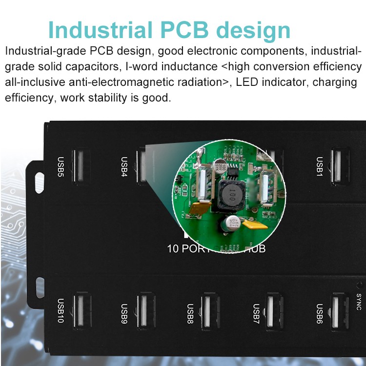 10 Port Charging and Sync USB HUB with Energy-Saving Master Chip