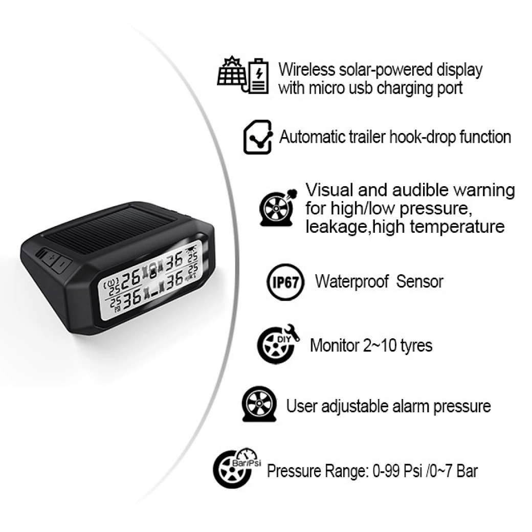 Solar powered LCD wireless TPMS 4 tyres supplier | Promata
