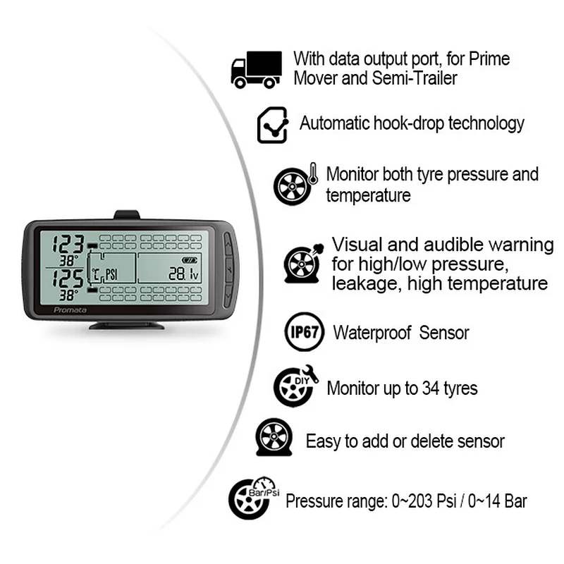 Mata 7E | Truck and Trailer External TPMS with professional LCD display & automatically recognize different traliers