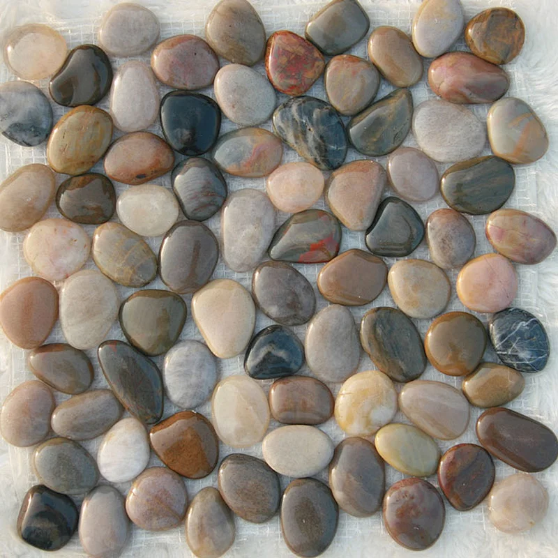 Yiwu High Polished Colored Glass Poly Plant Pot Mexican Black Beach Flat Rounded Granite Pebbles Drilled Garden Mesh