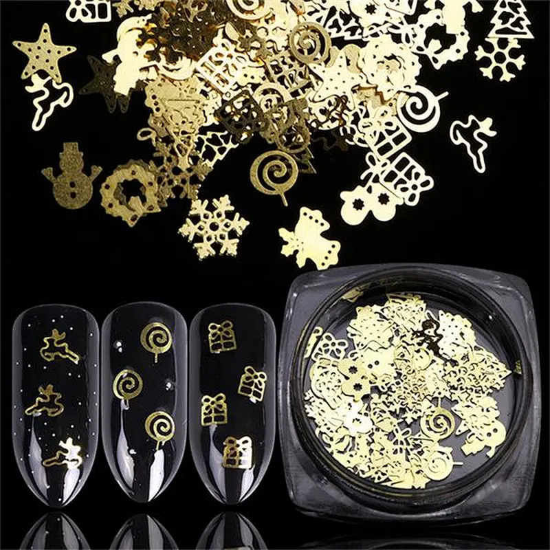 60Pcs/Jar box 3D Snowflakes Gold Metal Slices Nail Art Sequins Christmas Decorations Nail Polish Thin Sticker Designs Manicure