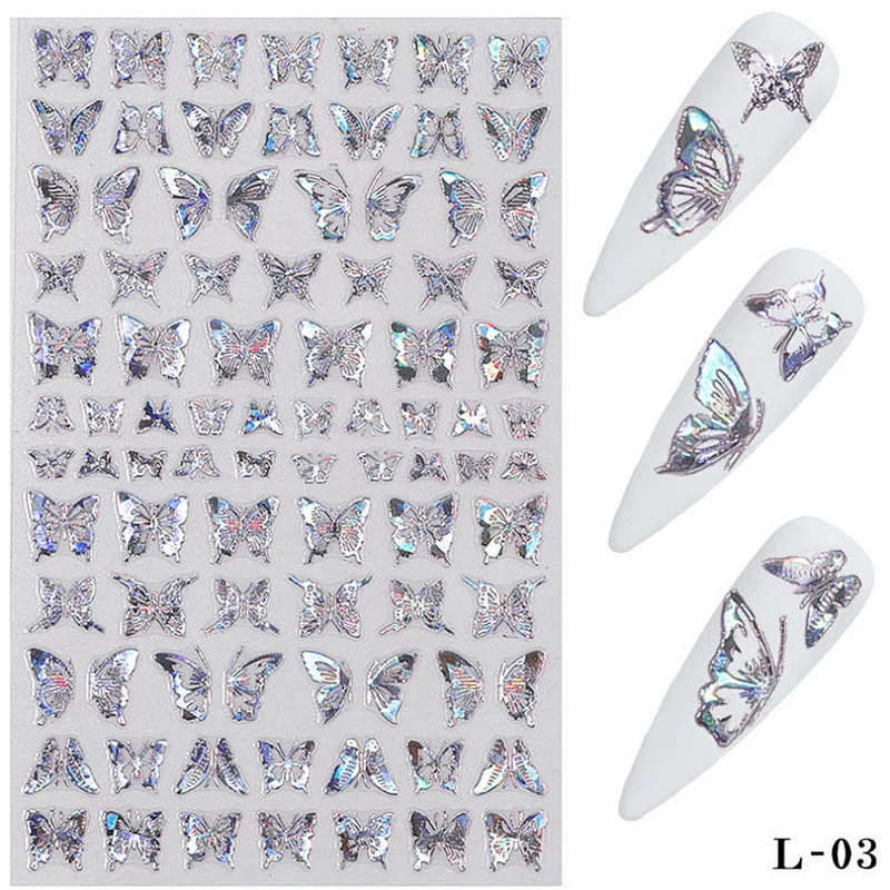 Nail Art Decals Natural Cat Eye Oval Cabochon Xclusive Stone Laser Gold and Silver Flat Butterfly Sticker E