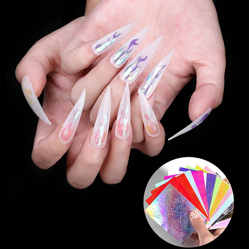 Hot Selling 16 Colors Lips Flame Style Self Adhesive Holographic Laser Flame Sticker Nail Art Flame Nail Sticker