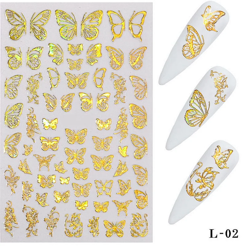 Nail Art Decals Natural Cat Eye Oval Cabochon Xclusive Stone Laser Gold and Silver Flat Butterfly Sticker E