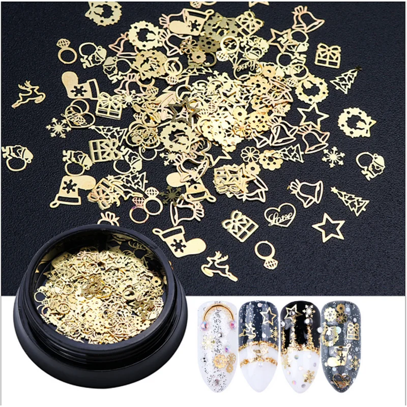 60Pcs/Jar box 3D Snowflakes Gold Metal Slices Nail Art Sequins Christmas Decorations Nail Polish Thin Sticker Designs Manicure