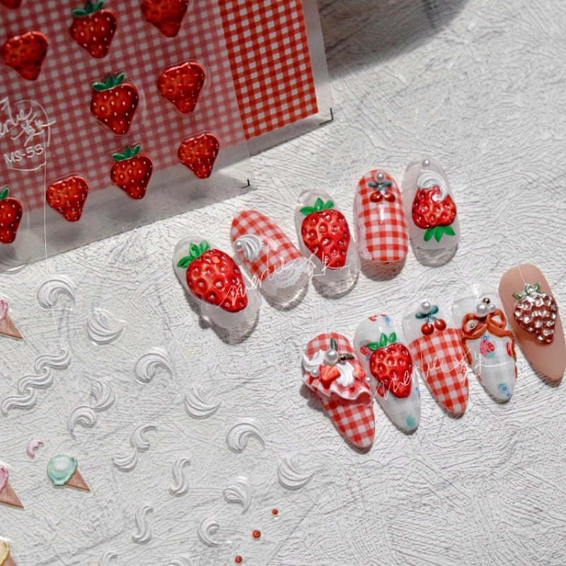 Embossed Strawberry Ice Cream Lattice Nail Sticker