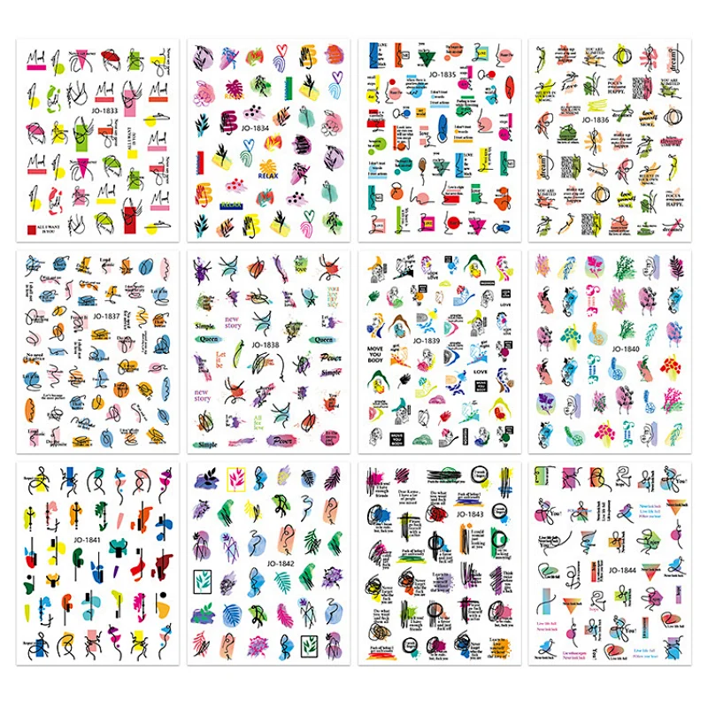 Irregular Curve English Letter Color Block Nail Stickers