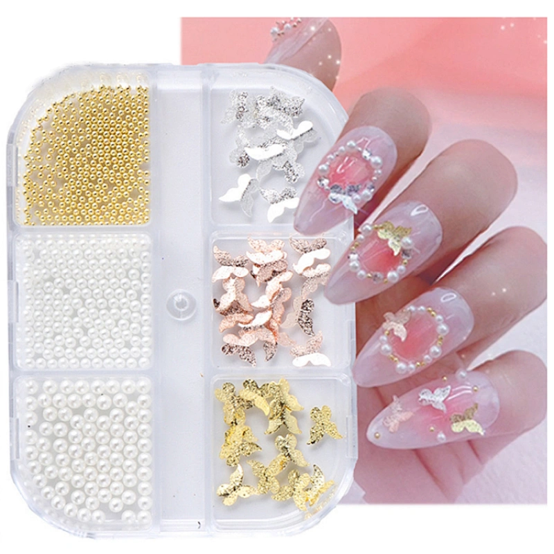 6 Grid Glitter Charms Pearl DIY Nail Art Decorations