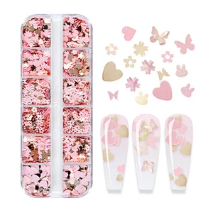 12 Grid Box Gold Butterfly Love Flower Rabbit Nail Sequin
